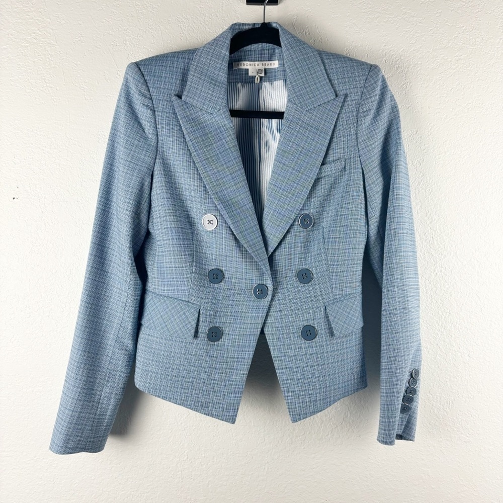 Veronica Beard Diego Double Breasted Dickey Jacket Blazer Plaid Blue Size 4 - Picture 2 of 6